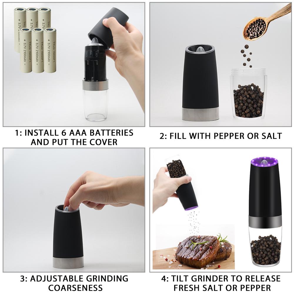 Electric Gravity Sensor Automatic Salt, Pepper, and Spice Grinder